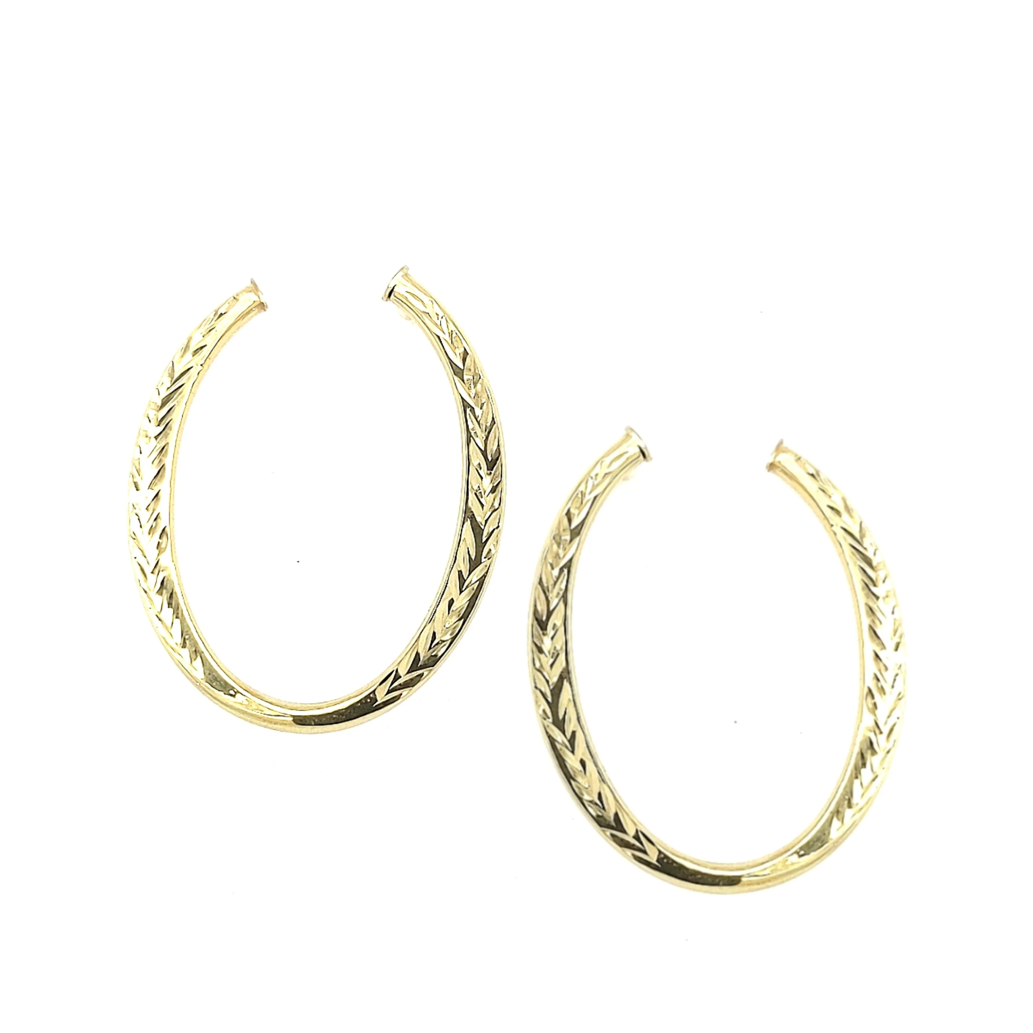 14k Gold Front Facing Open Oval Loop Textured Earring