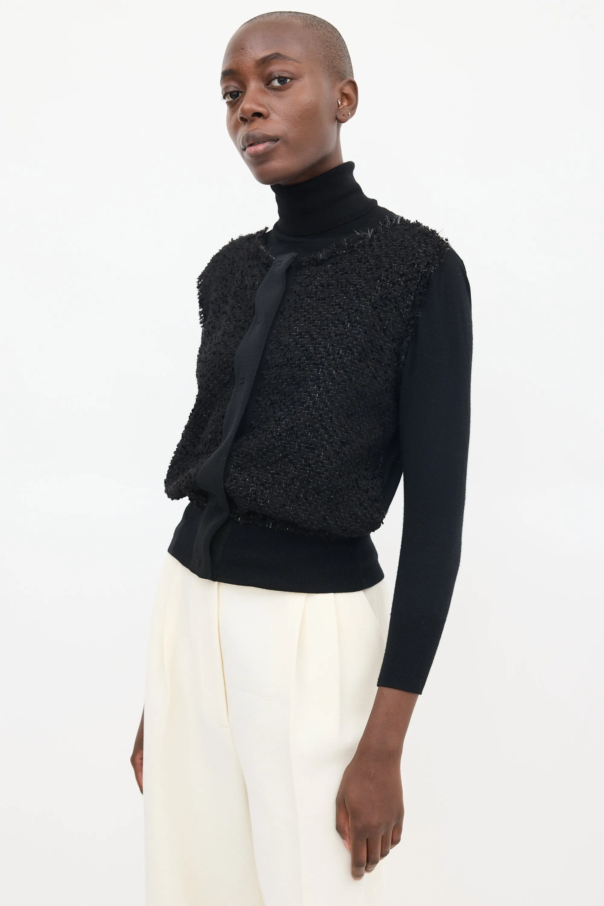 Black Wool Woven Cardigan