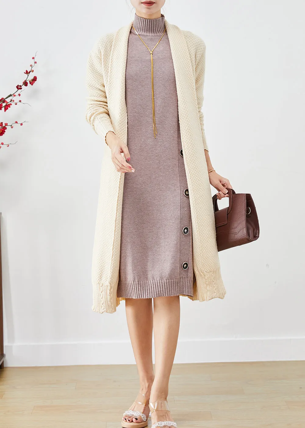 Casual Beige Oversized Cashmere Knit Long Cardigans Fall LY9329