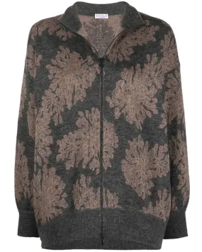 Charcoal Floral Motif Zip Front Knit Jacket