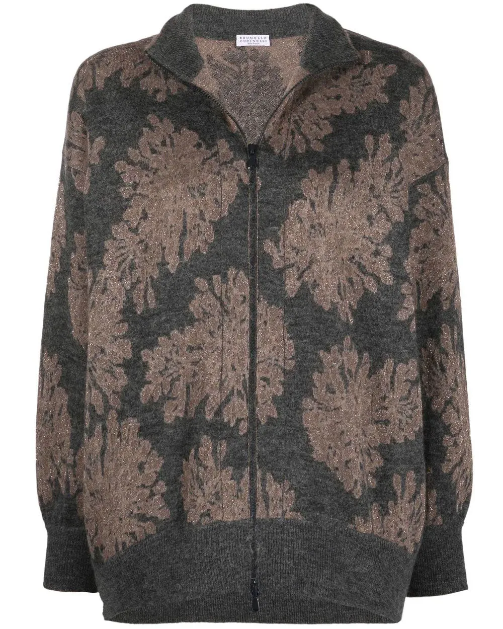 Charcoal Floral Motif Zip Front Knit Jacket