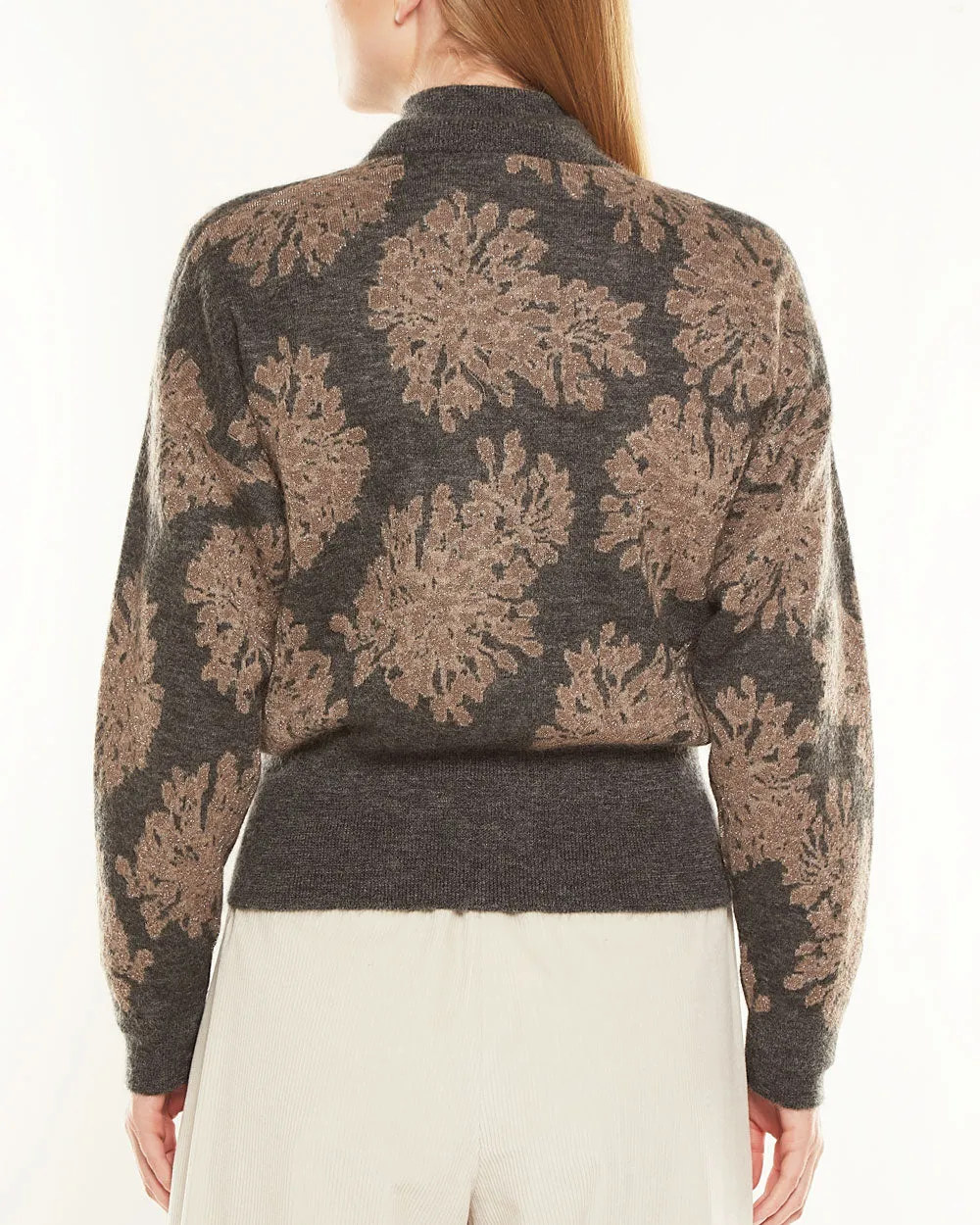 Charcoal Floral Motif Zip Front Knit Jacket