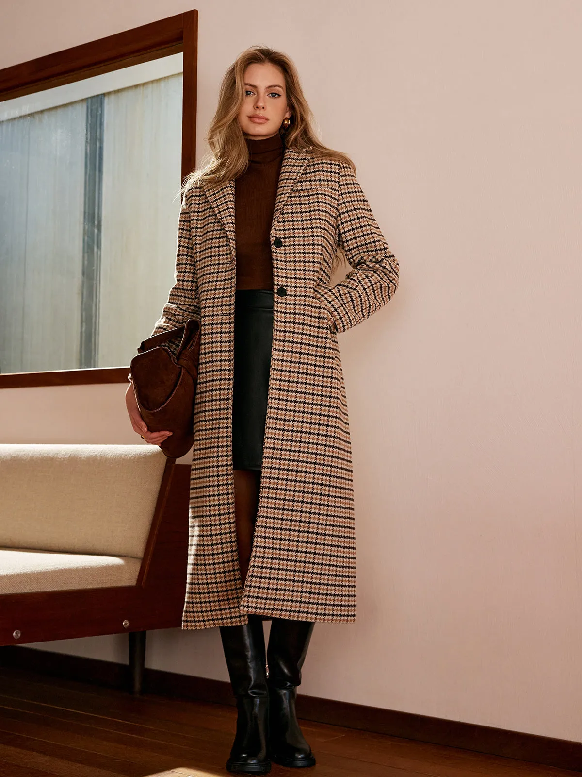 Checked Button Long Coat