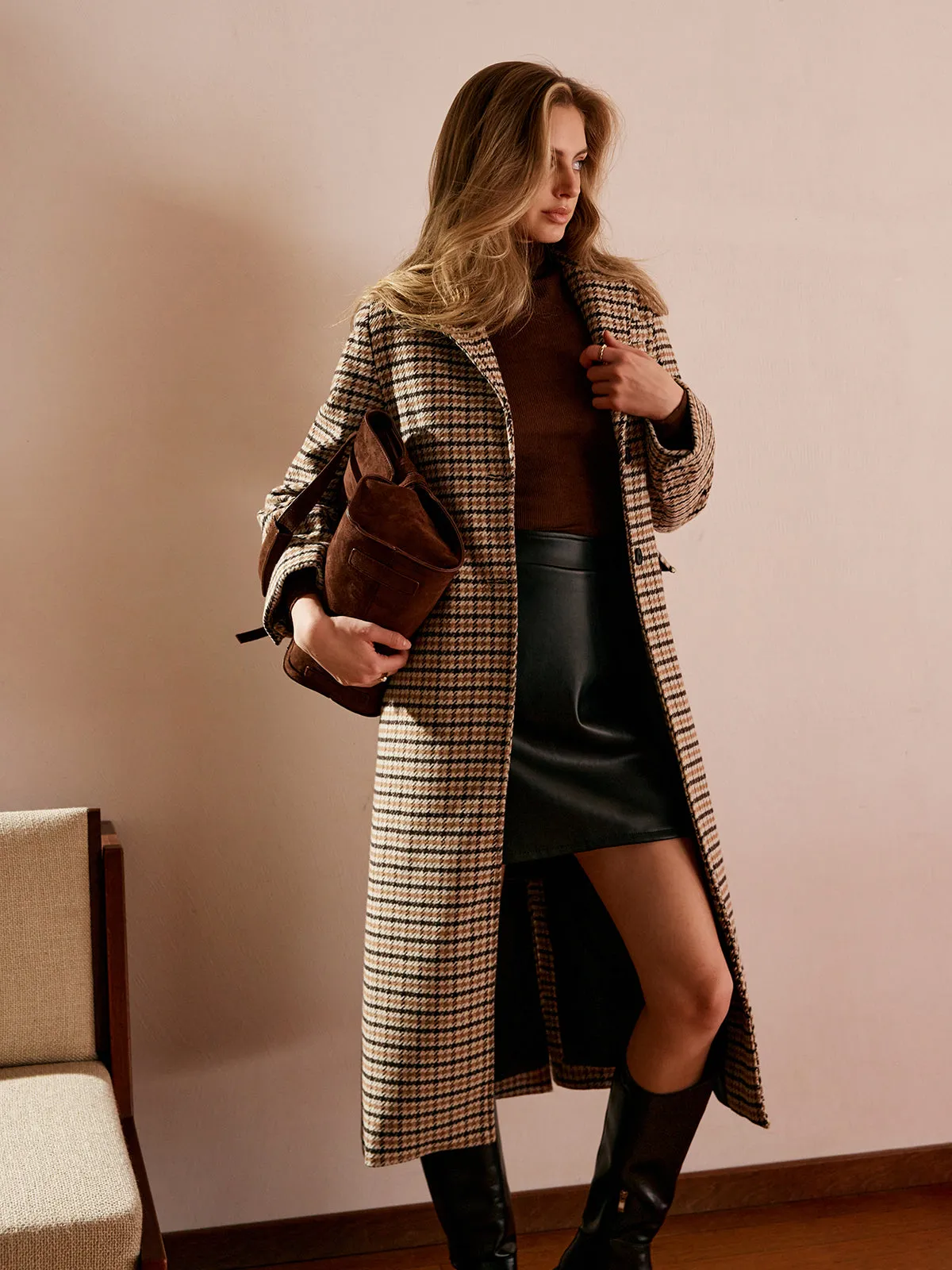 Checked Button Long Coat