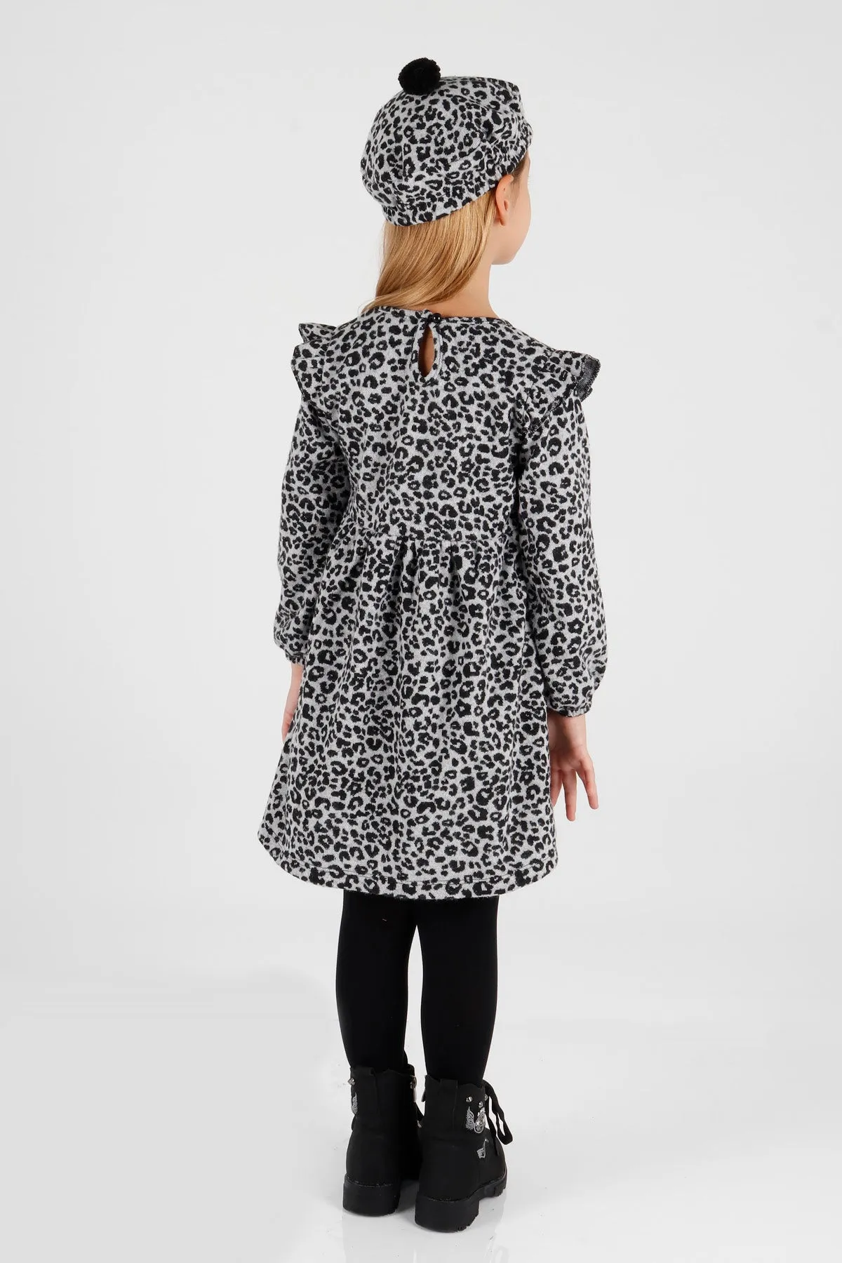 Girl Leopard Patterned Ruffle Detailed Hat Trend Dress AK2401