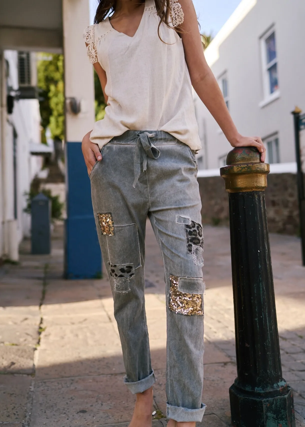Italian Jogger with Shimmer and Leopard detail in Khaki