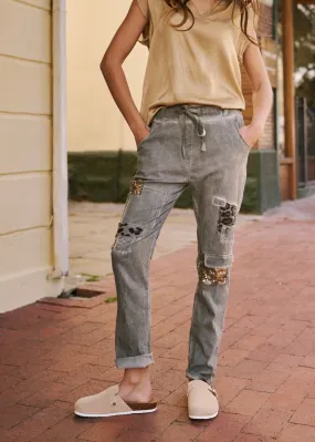 Italian Jogger with Shimmer and Leopard detail in Khaki