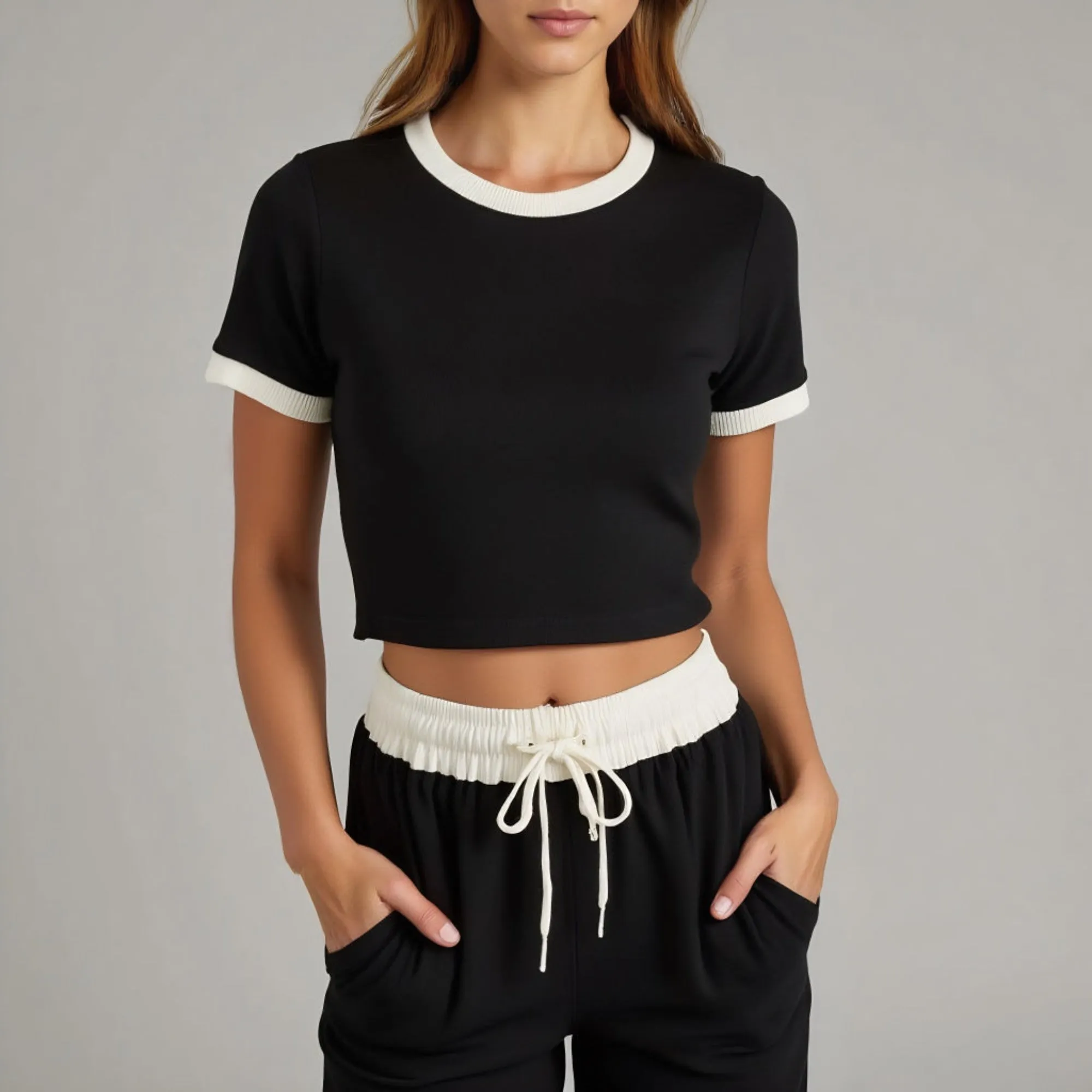 Two Piece Ribbed Lounge Set with Contrast Trim Cropped