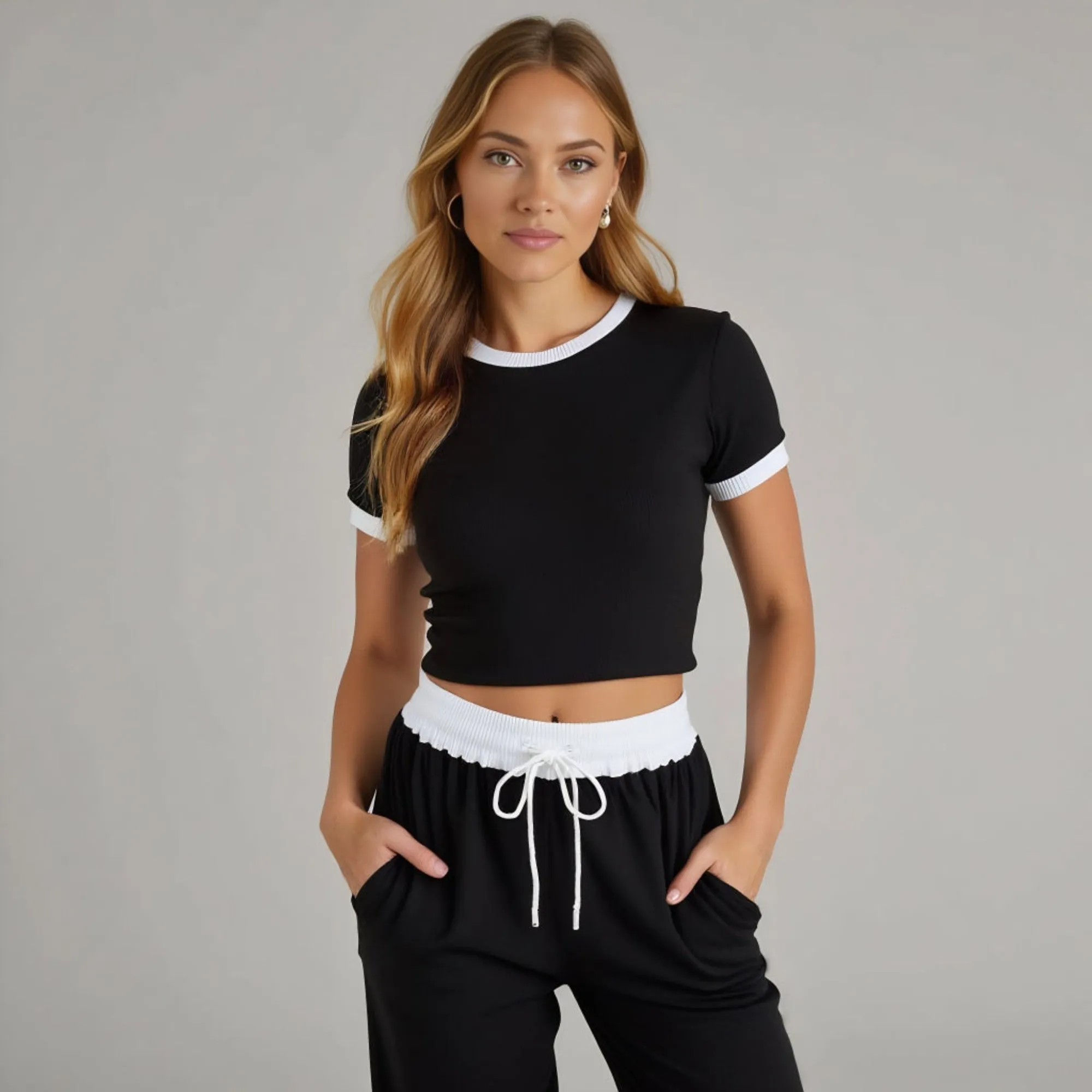 Two Piece Ribbed Lounge Set with Contrast Trim Cropped