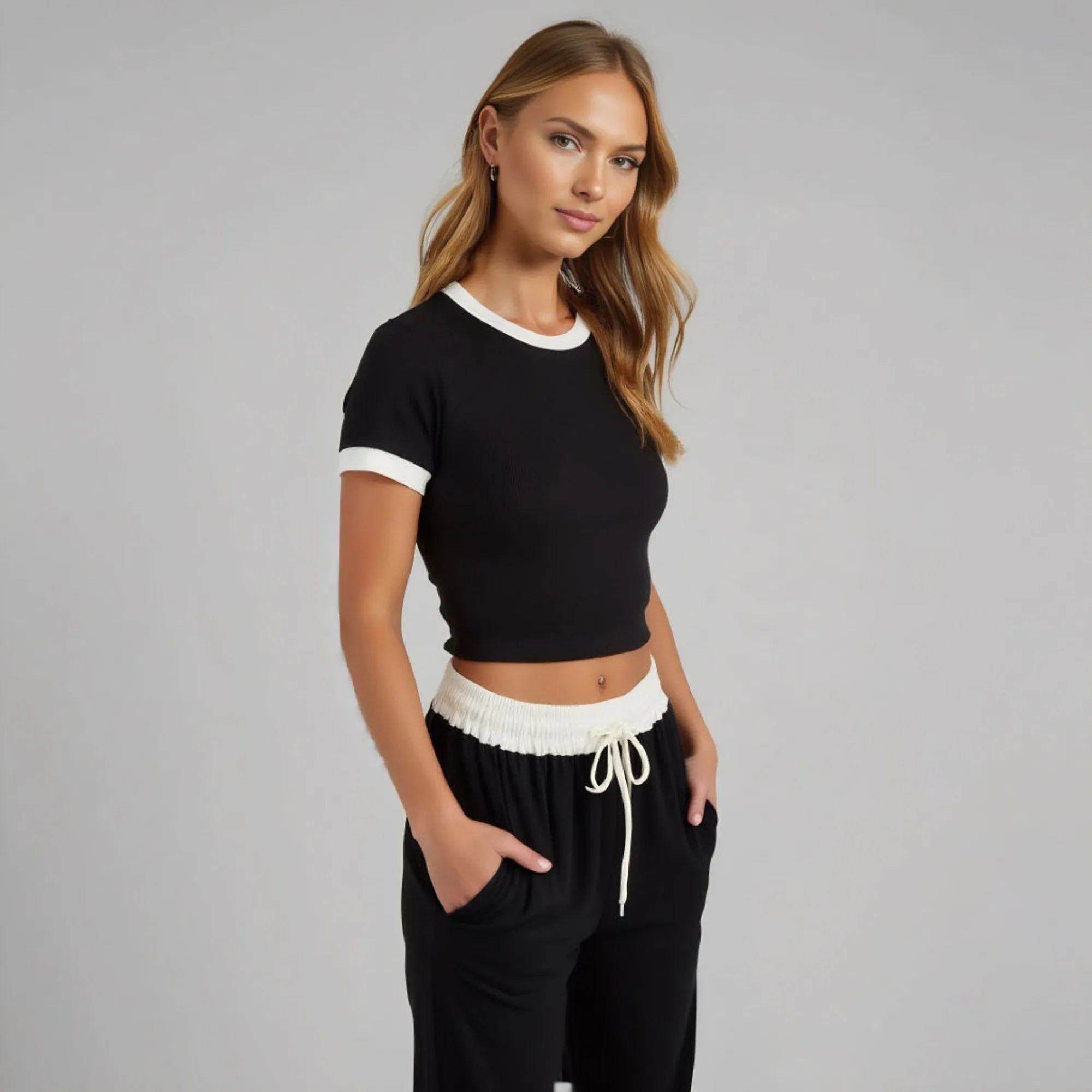 Two Piece Ribbed Lounge Set with Contrast Trim Cropped