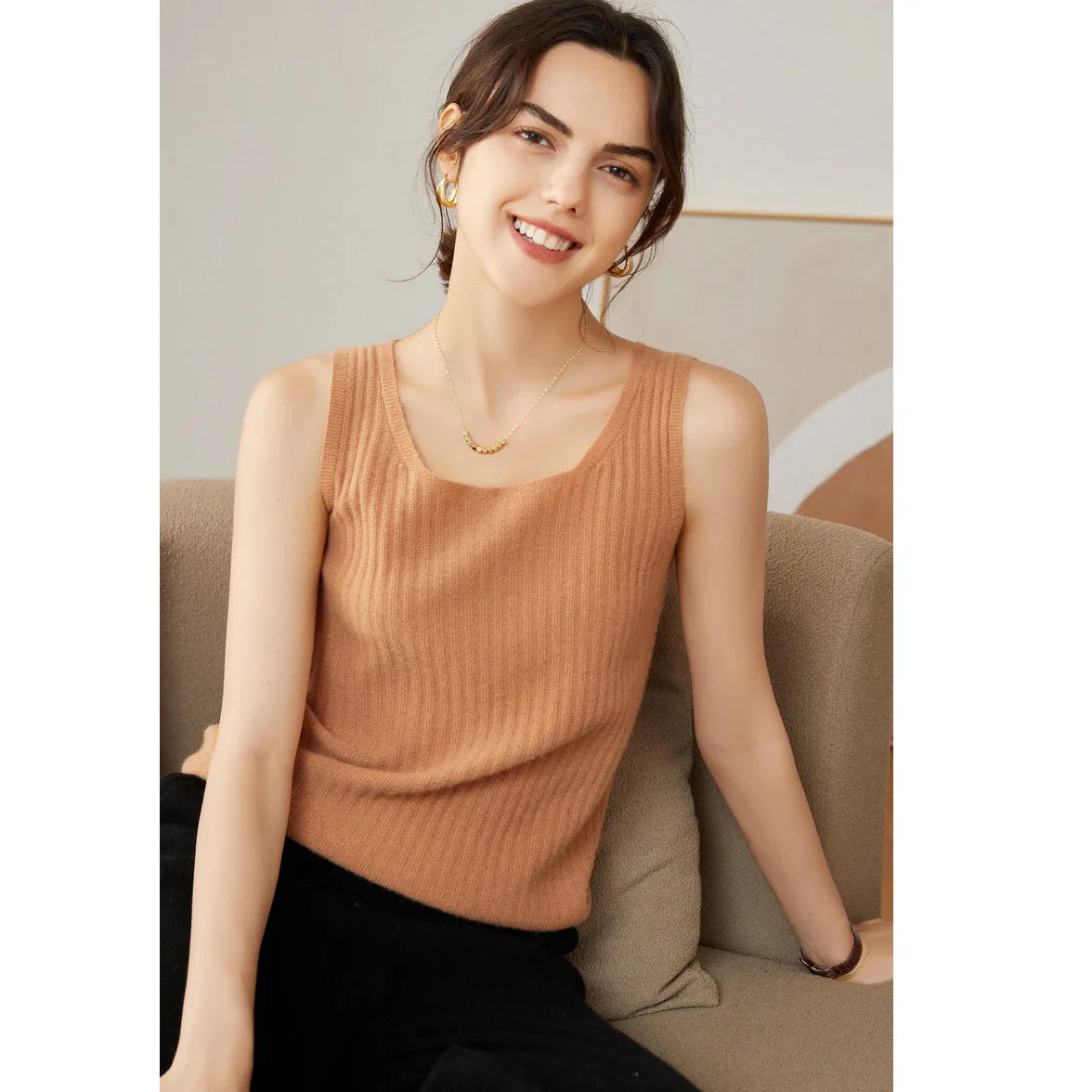 Women's 100% Pure Cashmere Sweater Tank Top Sleeveless Square Neck Cashmere Tops